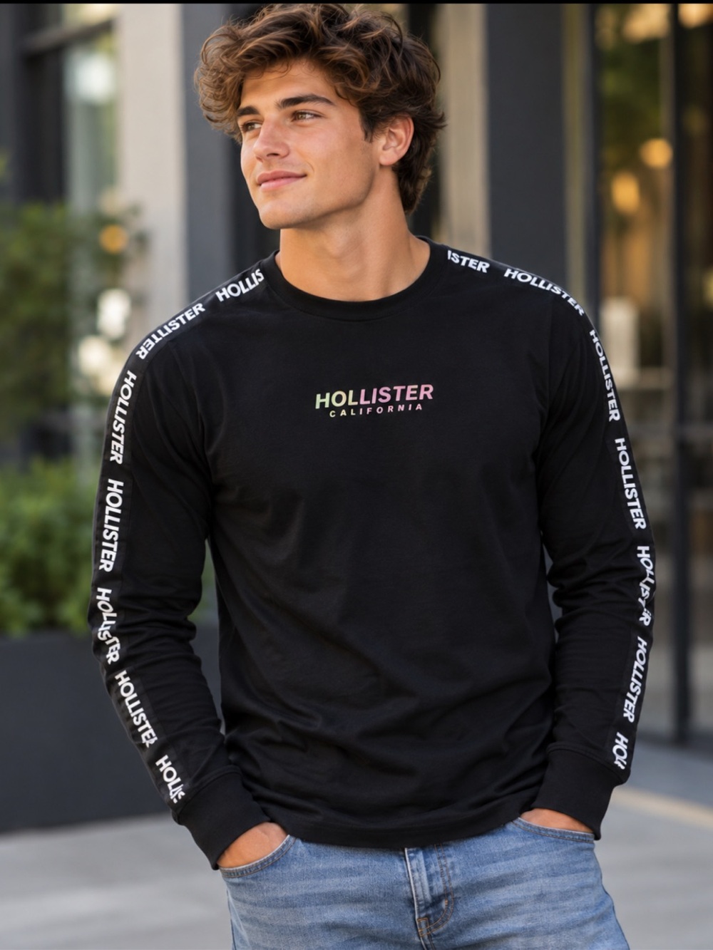 Hollister California Men’s Long Sleeve Logo Tape Shirt Size L